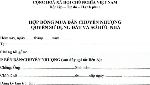 Bản mẫu hợp đồng mua bán nhà đất tại Thị Xã Duy Tiên