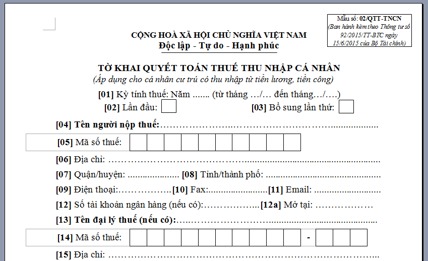 Cách quyết toán thuế thu nhập cá nhân - luật 24h