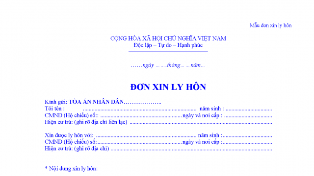 Mẫu đơn ly hôn mới nhất của tòa án huyện Tân Trụ