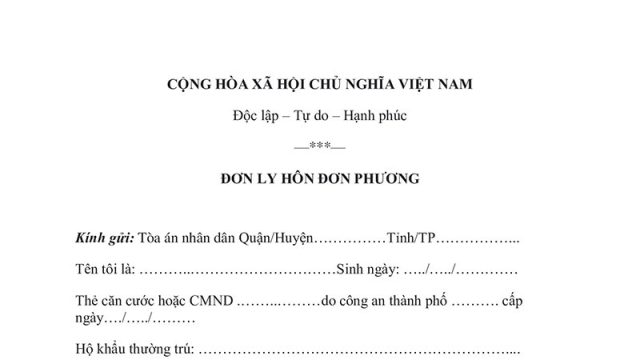 Mẫu đơn ly hôn đơn phương mới nhất của tòa án Cẩm Xuyên