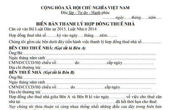 Mẫu biên bản thanh lý hợp đồng thuê nhà mới nhất