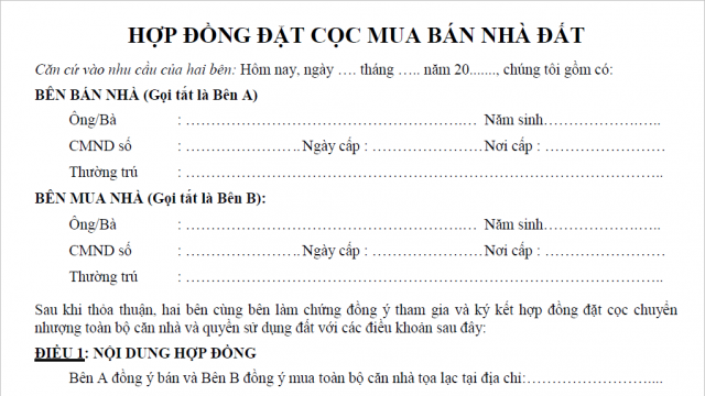 Bán mẫu hợp đồng đặt cọc mua nhà đất tại Hải Dương