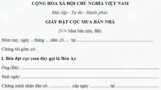 Bán mẫu hợp đồng đặt cọc mua nhà đất tại Thành Phố Hải Dương