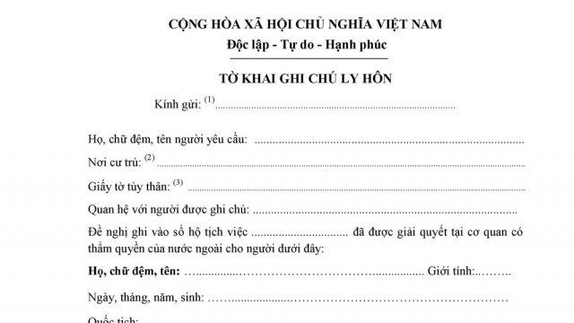 Mẫu Tờ khai ghi chú ly hôn mới nhất 2021.