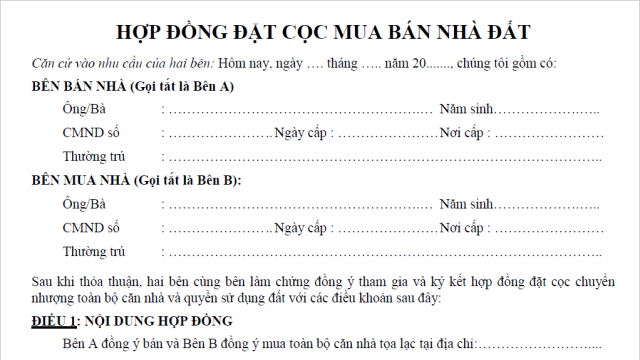 Bán mẫu hợp đồng đặt cọc mua nhà đất tại Bình Giang