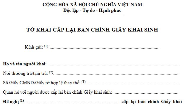 Mẫu tờ khai cung cấp lại bản chính giấy khai sinh