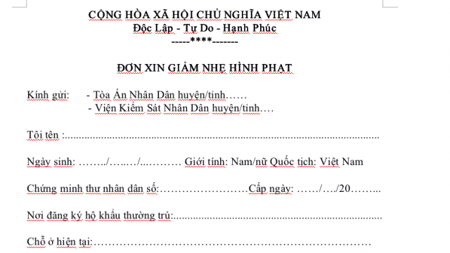 ĐƠN XIN GIẢM NHẸ HÌNH PHẠT