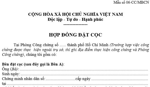 Bán mẫu hợp đồng đặt cọc mua nhà đất tại Huyện Kim Bảng