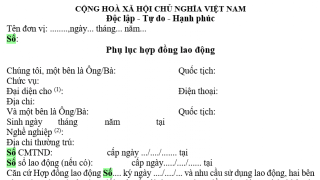 Mẫu phụ lục hợp đồng lao động